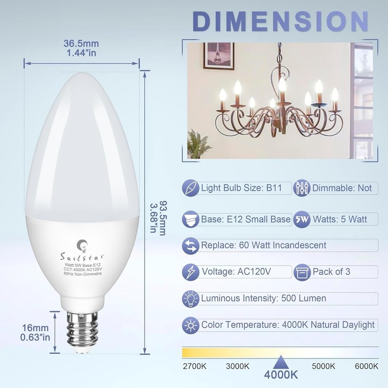 Energy-Efficient E12 Candelabra Bulbs - 5W LED, 500 Lumens, 4000K Bright White gallery