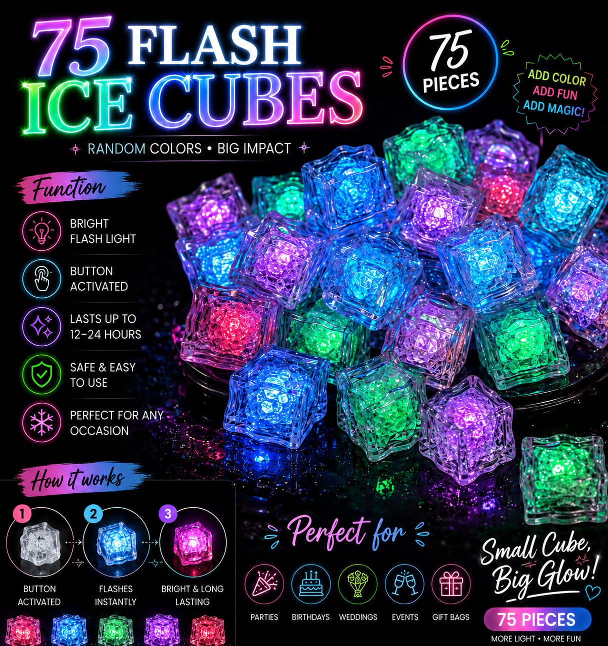75 Flashing LED Ice Cubes Reusable Light Up Drink Cubes Party Bar Lights gallery