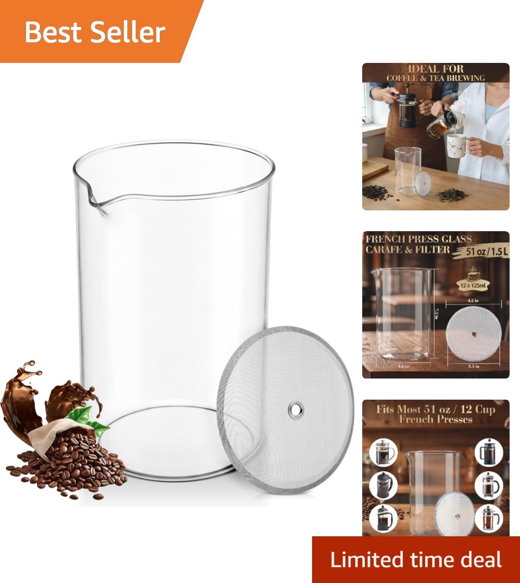 High-Heat 51oz French Press Replacement Carafe with Stainless Steel Filter gallery