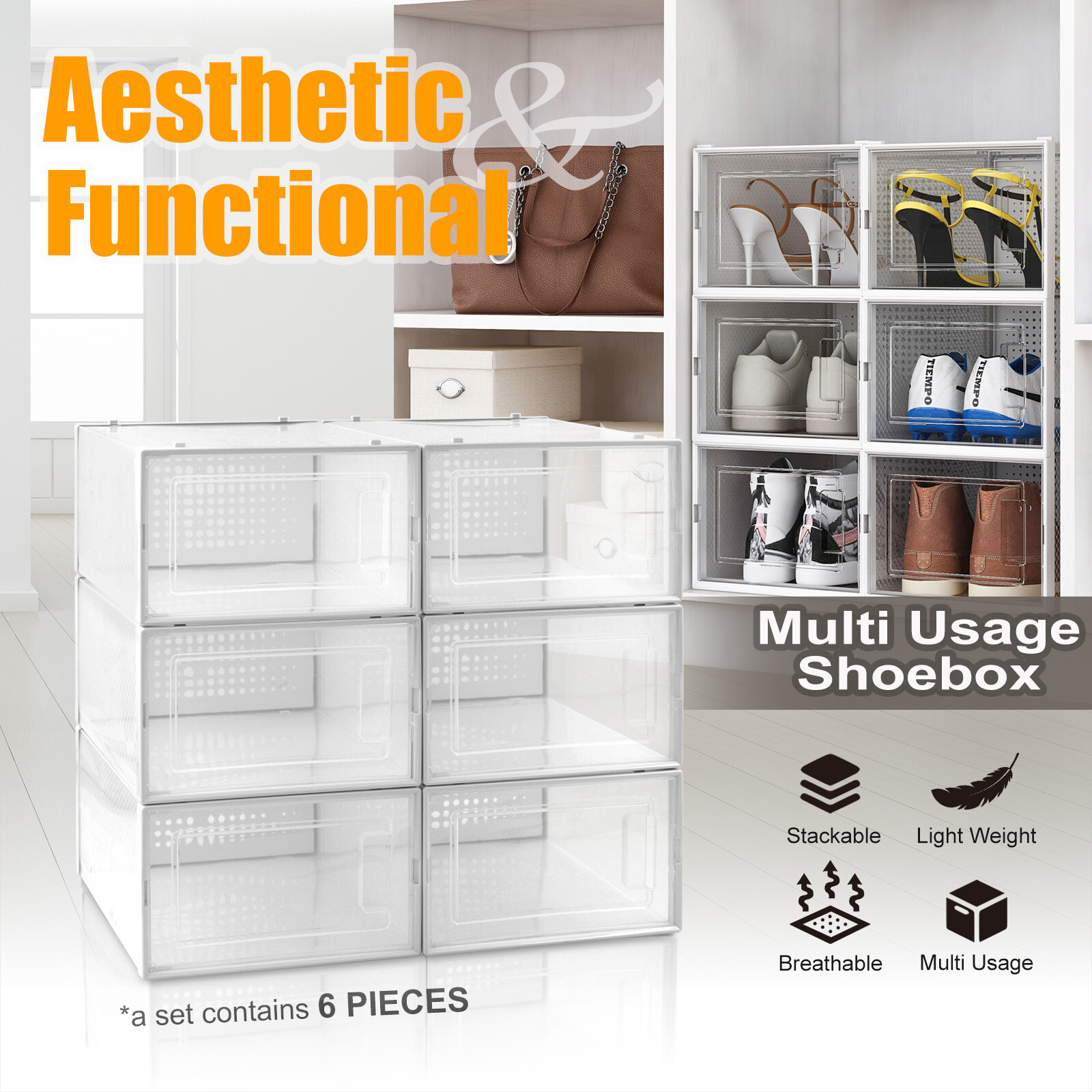 6PCS SML Foldable Stackable Plastic Shoe Box Storage Organizer Transparent Case gallery