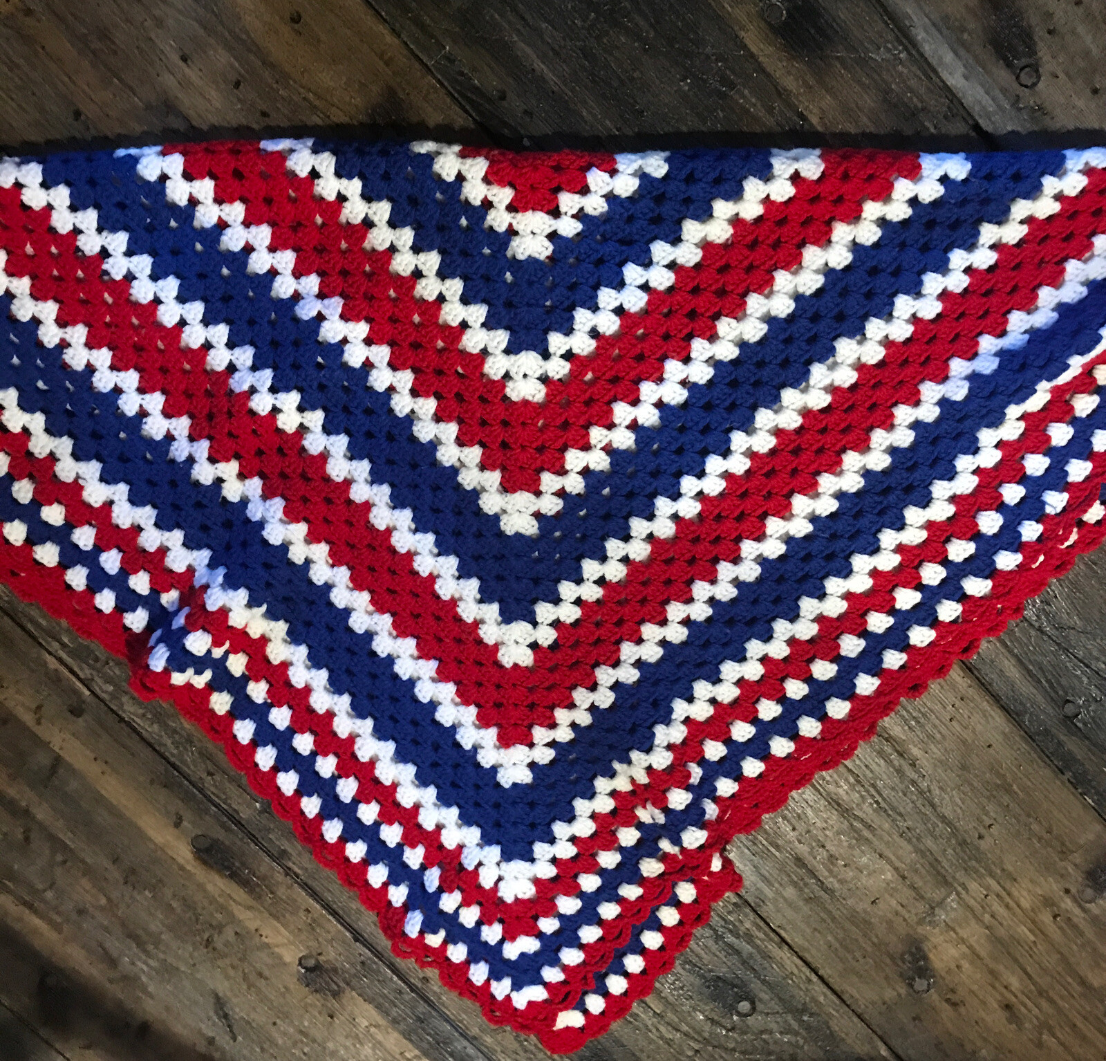 Hand Crochet Square Afghan Blanket 46x47 Red White Blue Vintage 4th Of July gallery