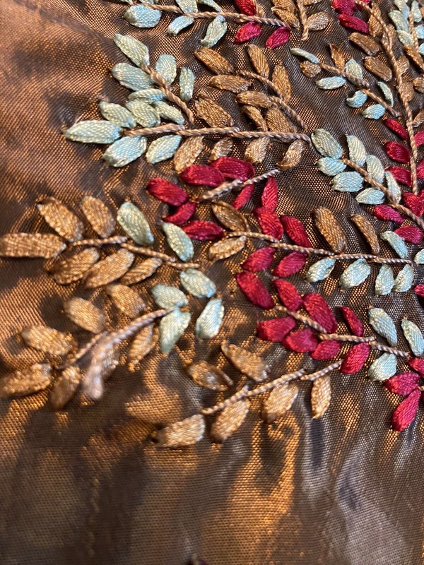 Table Runner Brown Satin W/embroidered Tree And Beads 13x72. Set Of 2 gallery
