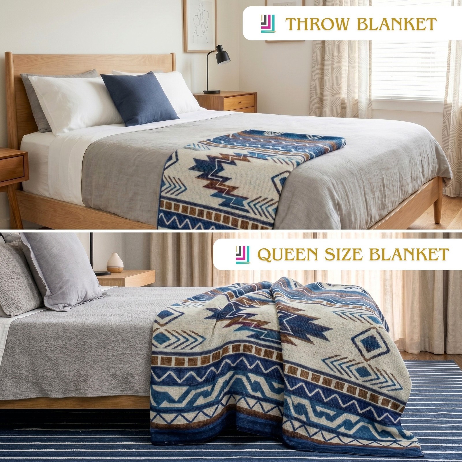 REVERSIBLE ALPACA Wool Blanket Andean , Blue Native Design Geometric Throw gallery