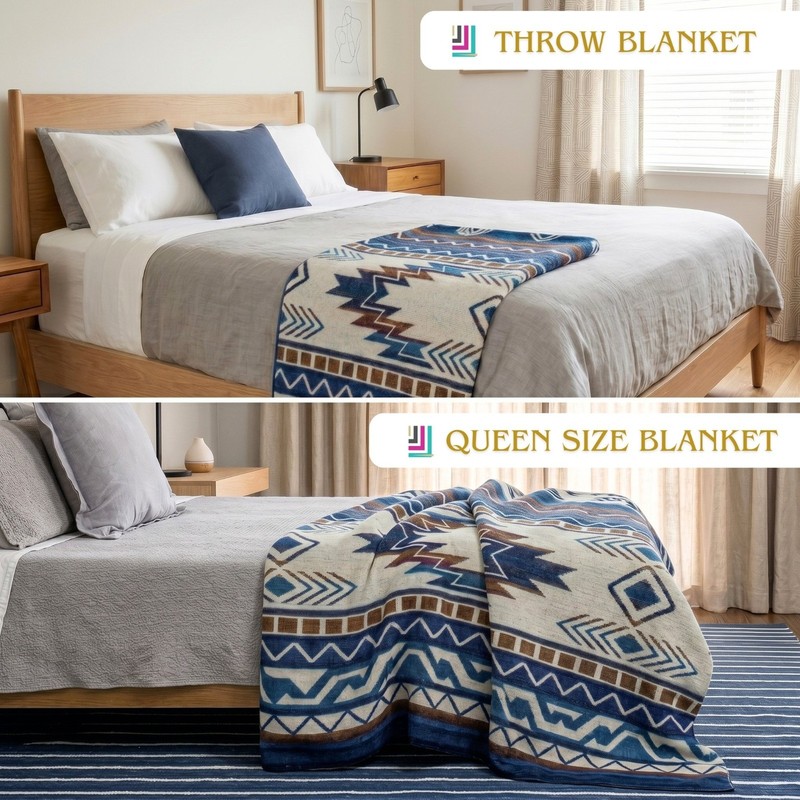 REVERSIBLE ALPACA Wool Blanket Andean , Blue Native Design Geometric Throw gallery