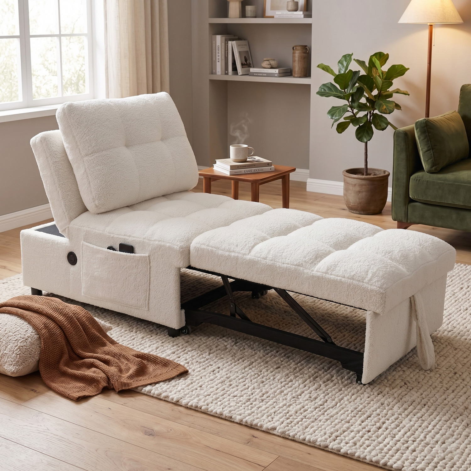 Modern Single Sleeper Sofa Bed with USB Port Armless Adjustable Backrest White gallery