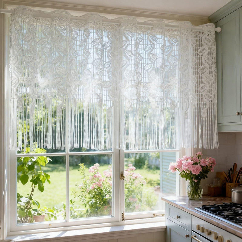 1 Panel White Lace Leaf Pattern Sheer Curtain Valance for Kitchen Small Window R gallery