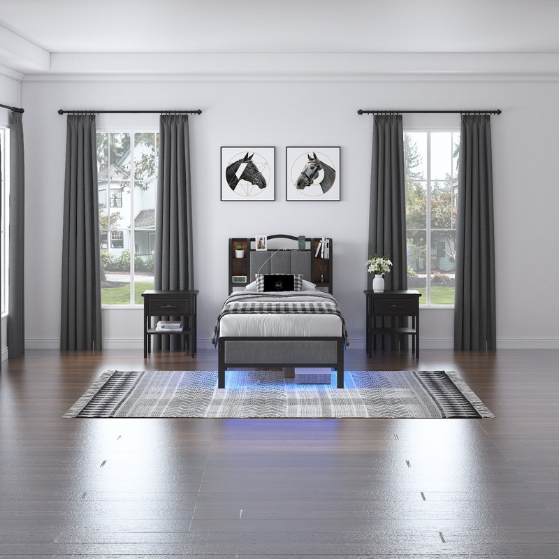 Metal Bed Frame With Headboard Storage Cabinet And USB & Type C Charging Station gallery