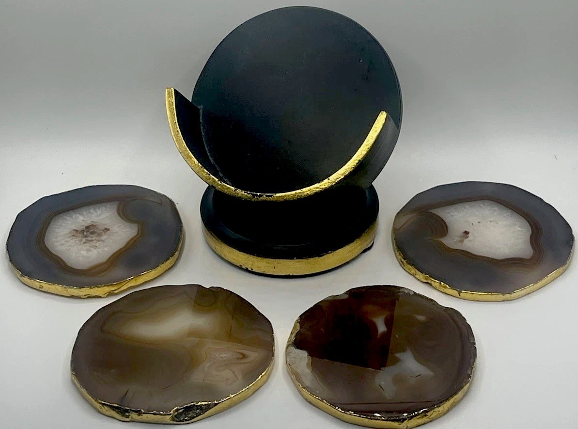 Natural Polished Agate Slice Coasters w/ Gold Electroplating Trim & Caddy Holder gallery