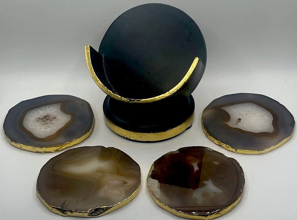 Natural Polished Agate Slice Coasters w/ Gold Electroplating Trim & Caddy Holder