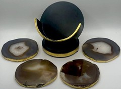 Natural Polished Agate Slice Coasters w/ Gold Electroplating Trim & Caddy Holder