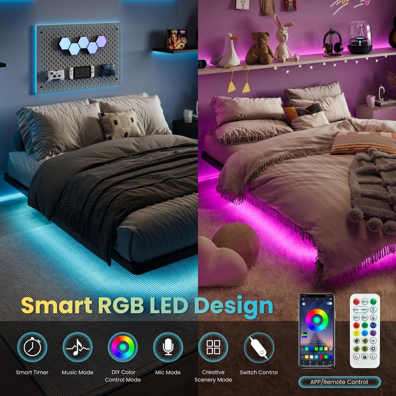 SHA CERLIN Floating Bed Frame Full Size with Smart LED Lights and Charging St... gallery