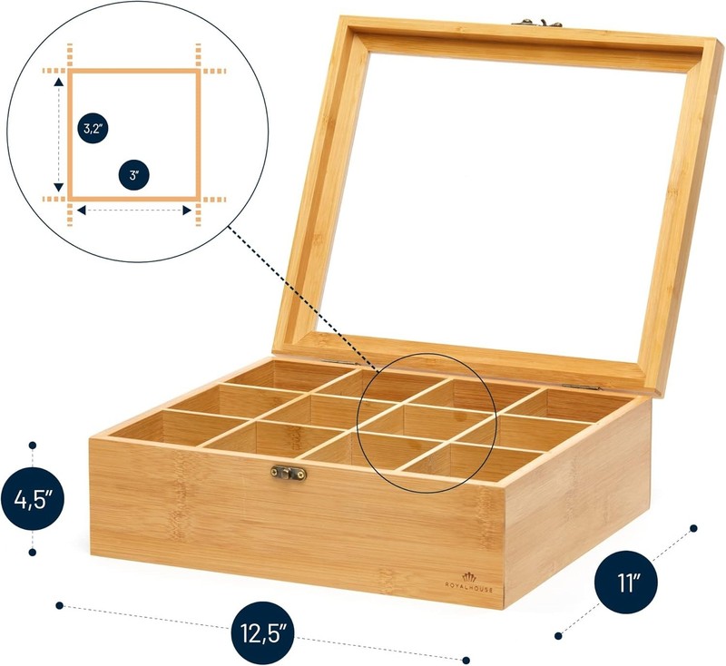 Bamboo Tea Storage Box with Acrylic Window, 12 Compartments gallery