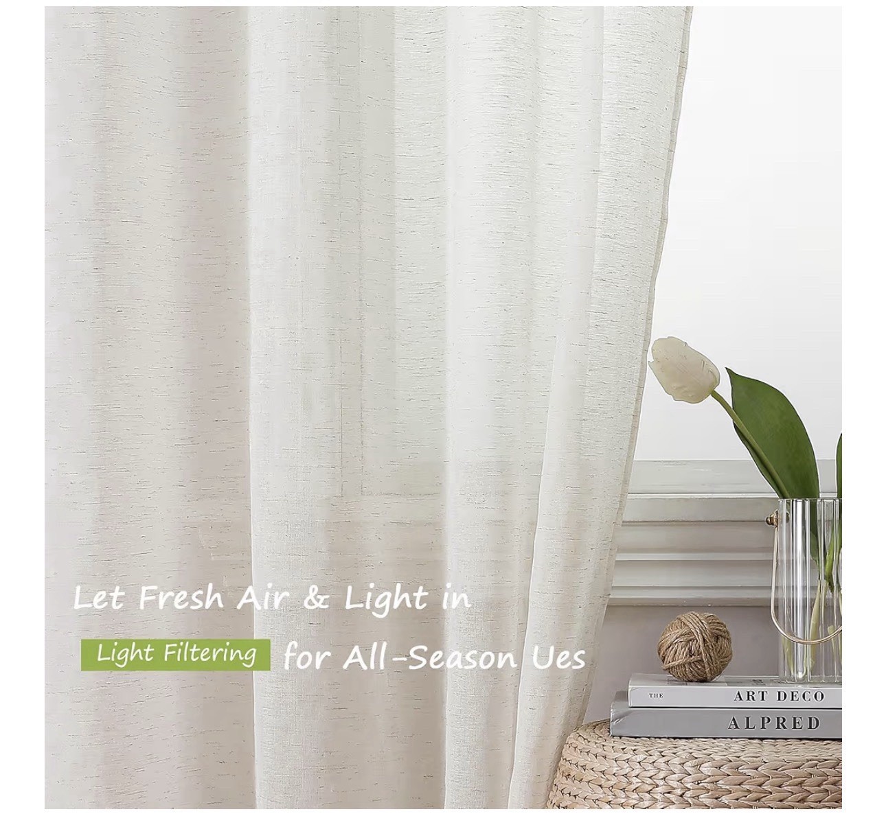 Simplebrand Natural Linen Textured Sheer Curtains 63 Inch Length 2 Panels gallery
