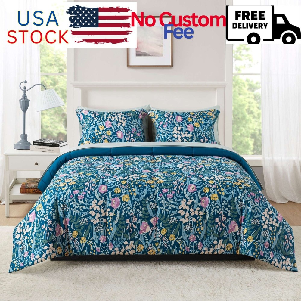 All in One Reversible Comforter and Sheet Set, 7-Piece, Full, Blue Floral