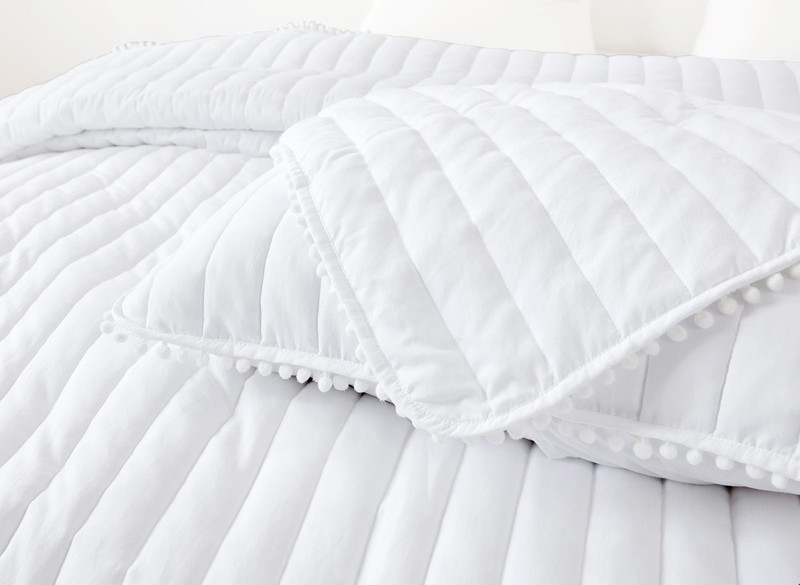 Washed Microfiber Pom Pom Quilt Set Quilted Bedspread Ball Fringe Coverlet Set gallery