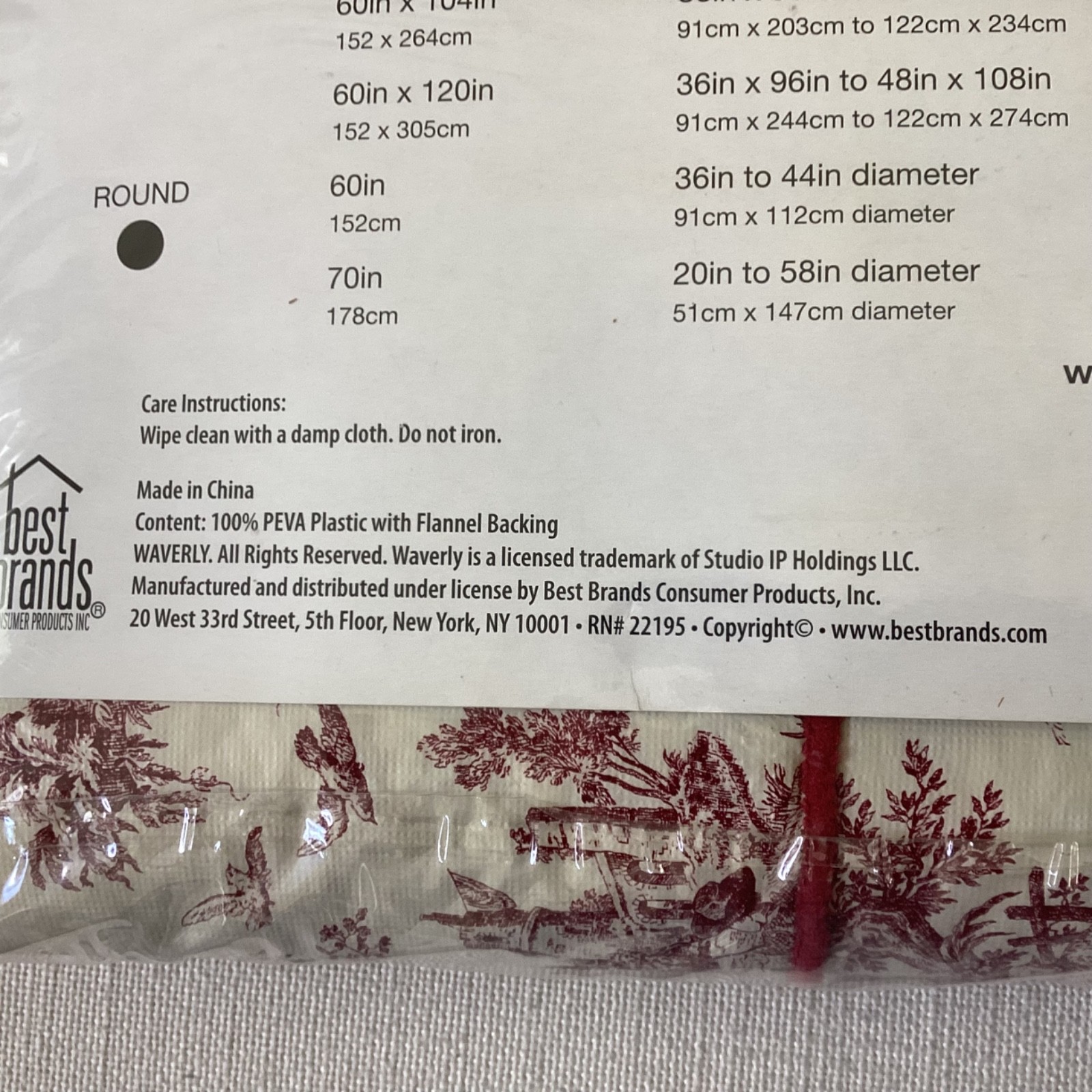 NEW! WAVERLY Peva Flannelback Red Toile Tablecloth-Oblong 52”x90”Traditional gallery