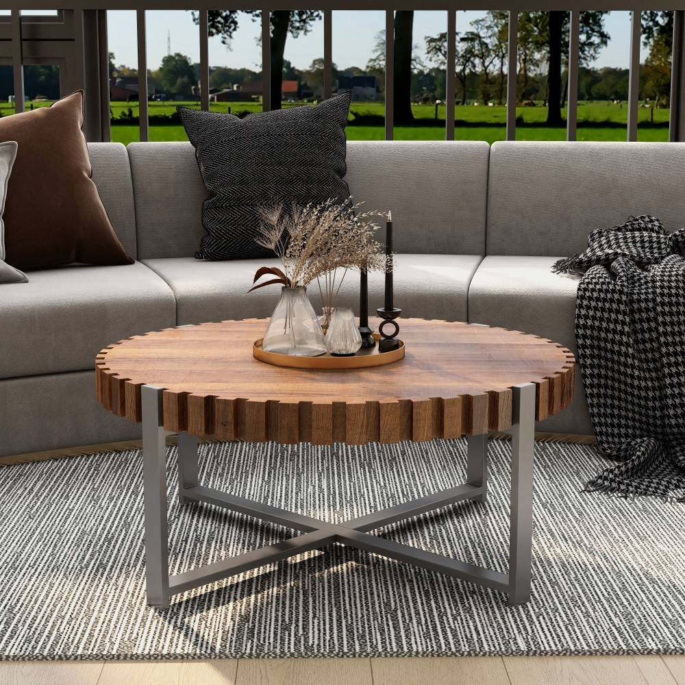 Round Coffee Table Natural Wood Grain Handcrafted Featuring Relief Carvings gallery