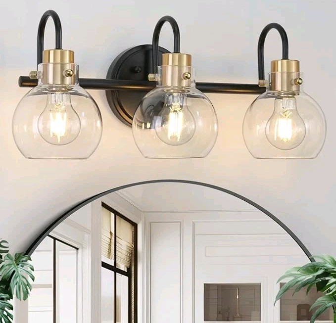 3 Lights Bathroom Light, Black Gold Vanity Light Fixture Wall Sconces with Globe