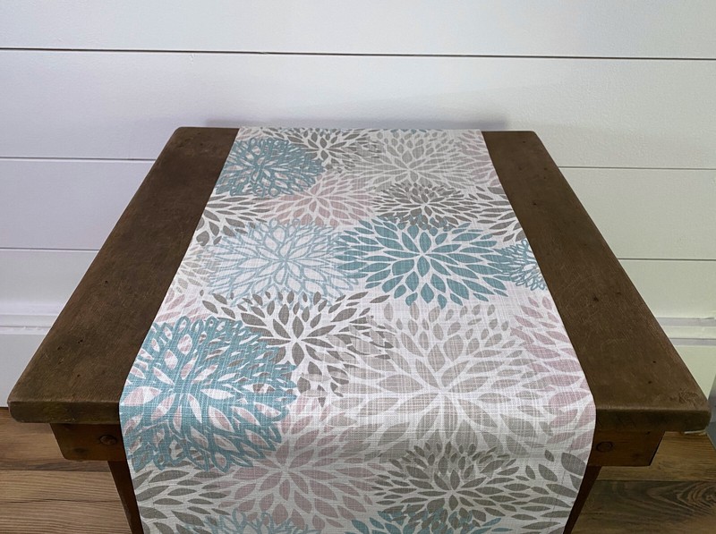 Gray Table Runner Floral Home Decor Table Centerpiece Blue Tan Beige Table Linen gallery