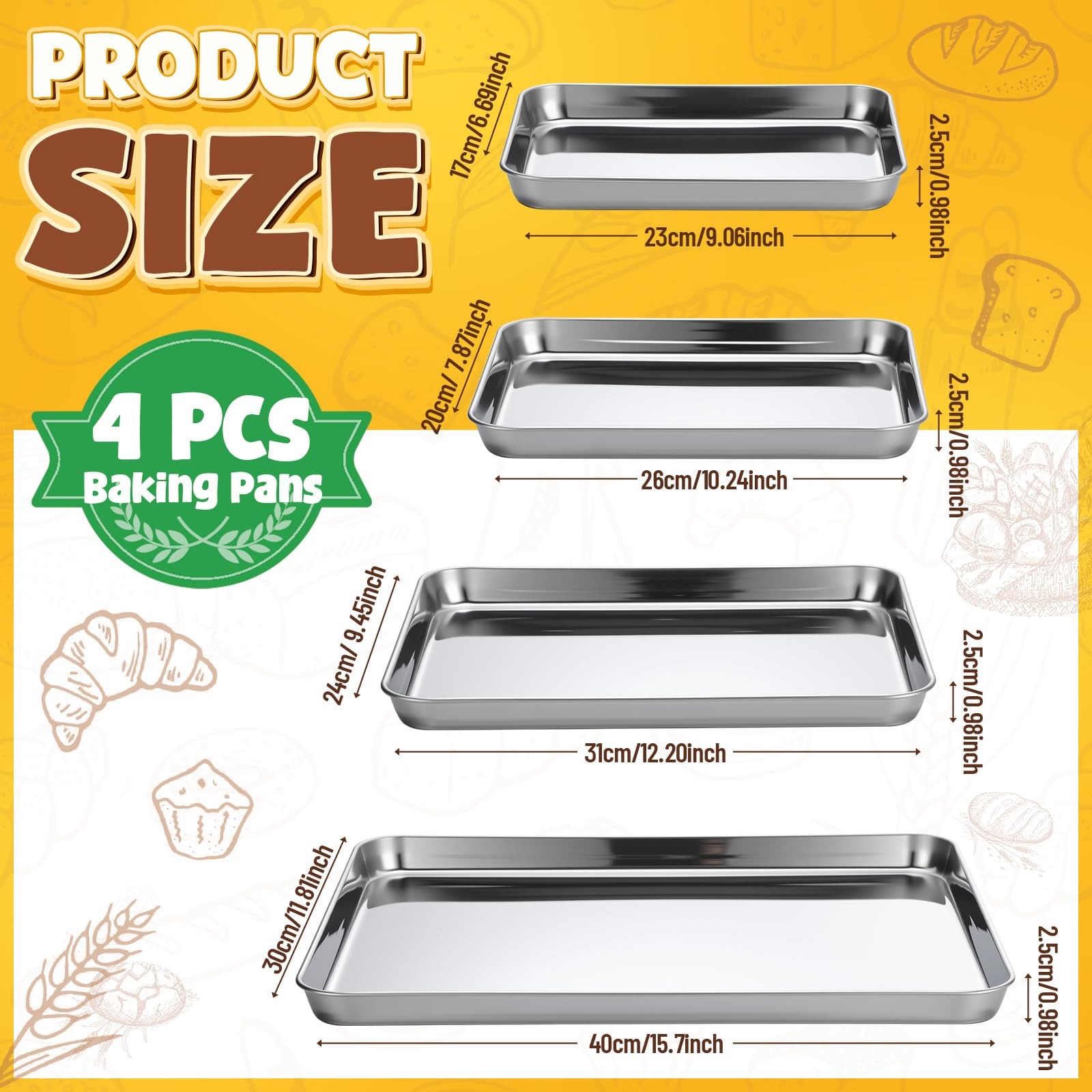 4 Pack Stainless Steel Sheet Baking Pans, 9/10/12/16 Inch Commercial Grade Co... gallery