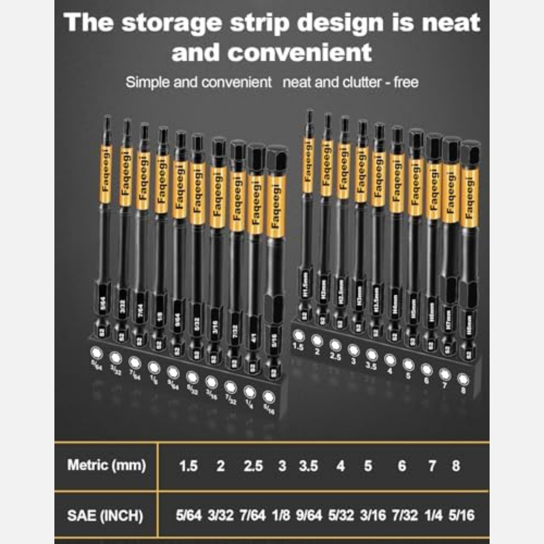 4-Inch Long Hex Bit Set 20PCS (Metric & SAE) Impact Allen Wrench/Key Drill Bit gallery