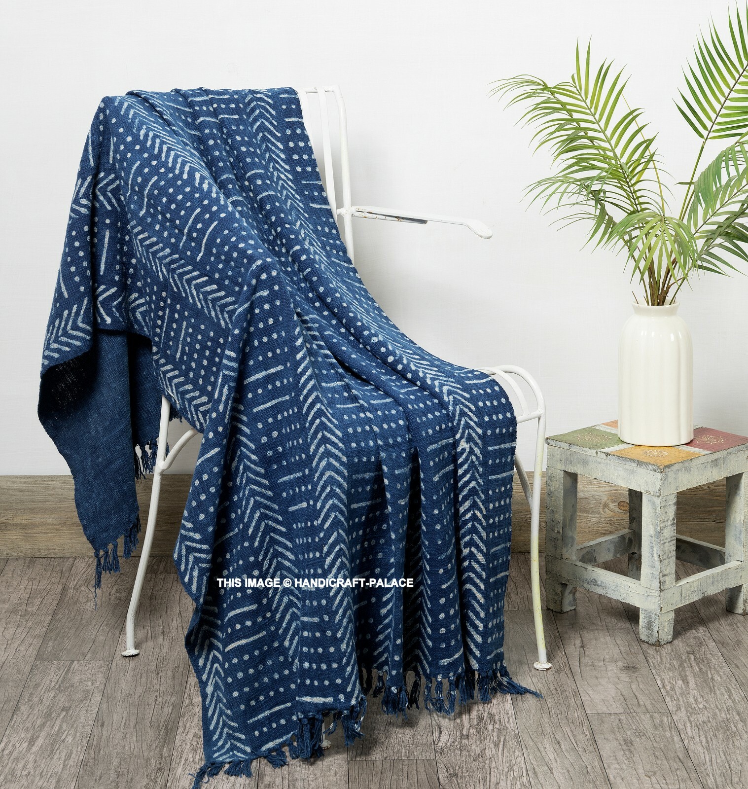 Indigo Hand Block Printed Throw Blanket Boho Mud Cloth Indian Sofa Bed Throw gallery