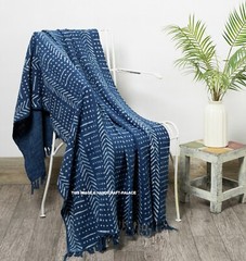 Indigo Hand Block Printed Throw Blanket Boho Mud Cloth Indian Sofa Bed Throw