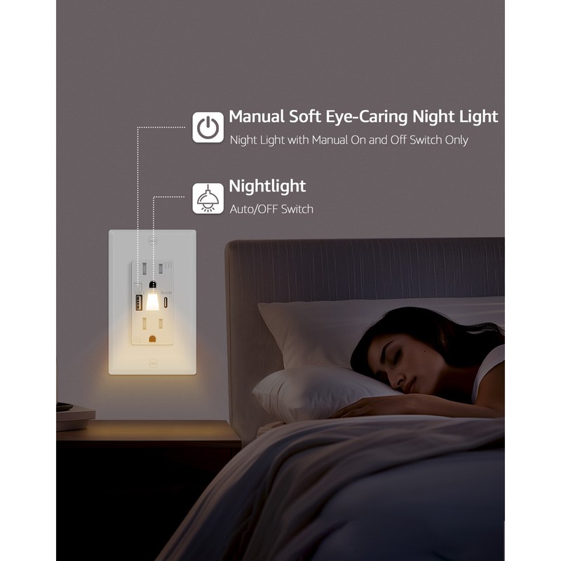2-Pack LED Night Light Outlets, 24W USB C+A, 4.8A, Fast Charging, On/Off Switch gallery