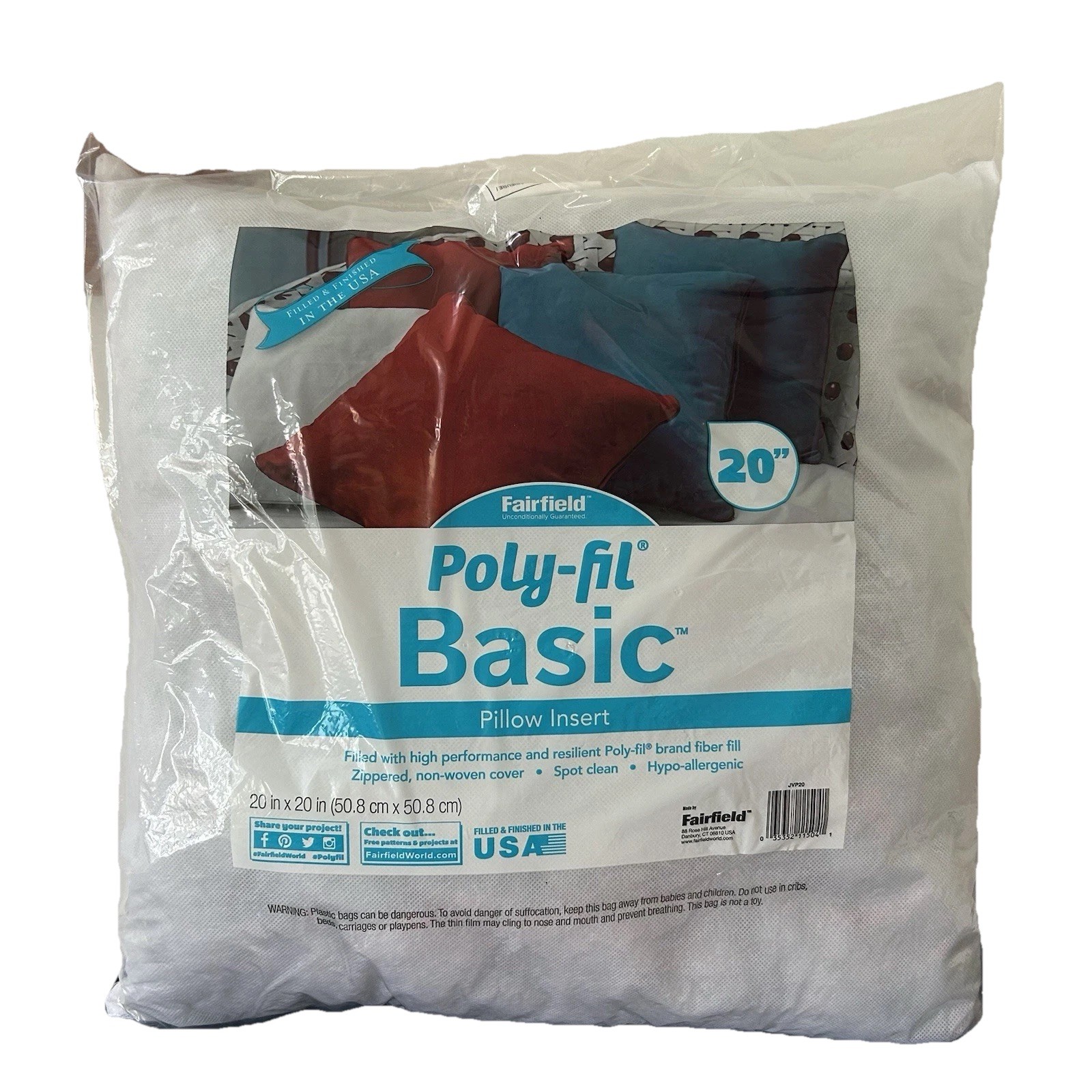 Fairfield Poly-Fil Basic Pillow Insert Square 20" by 20" White Made in USA gallery