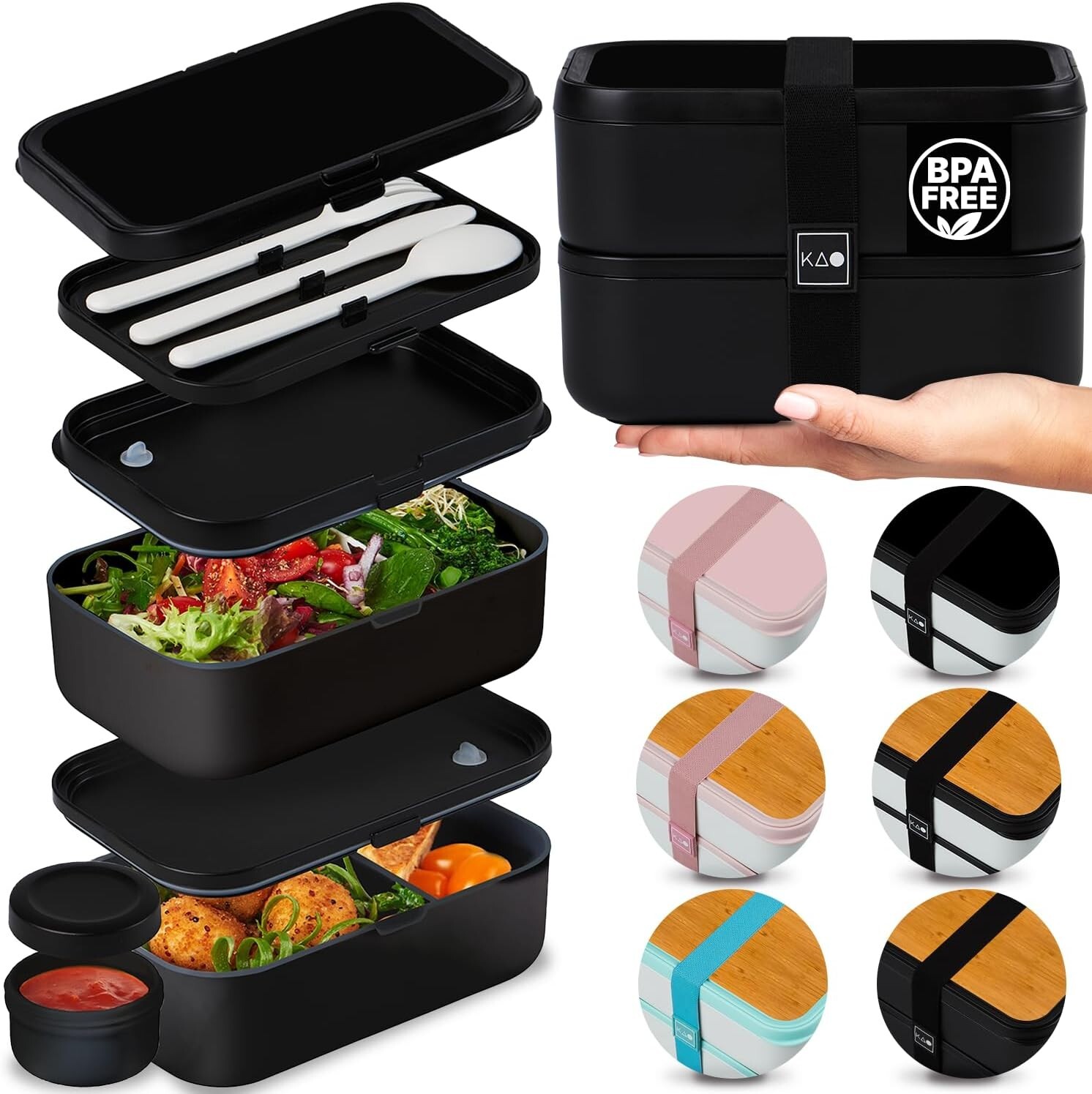 KARRICO Double Premium Bento Box 67 fl oz Black Stackable Lunch Box Leak-Proof gallery