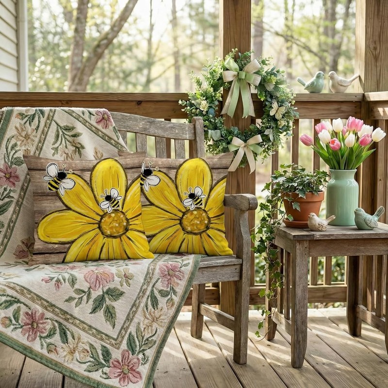 Farmhouse Daisy Bee Throw Pillow Covers Set of 2, 18x18 Inch Floral Decor gallery