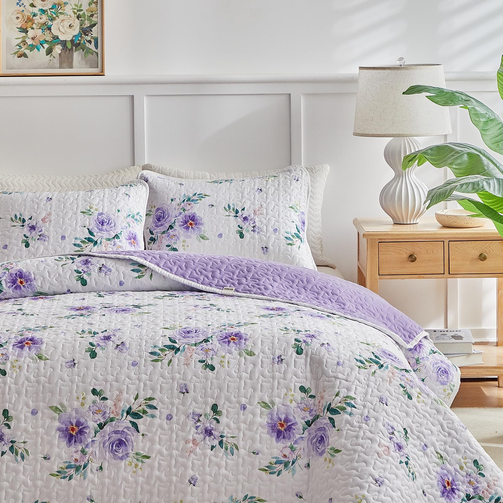 Uozzi Bedding Floral Quilt Set 2 Pieces Twin Size White Purple Flower Green gallery