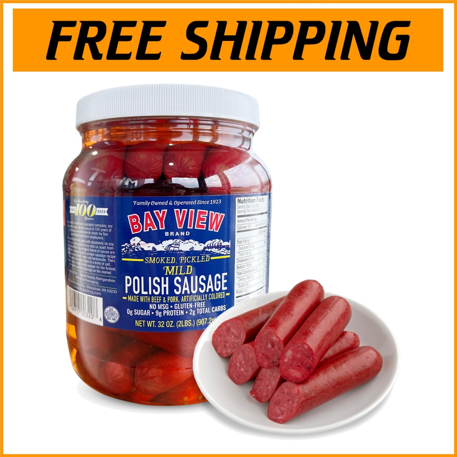 Bay View Smoked Pickled Polish Sausage - Gluten Free, No MSG, 32oz Jar-= gallery