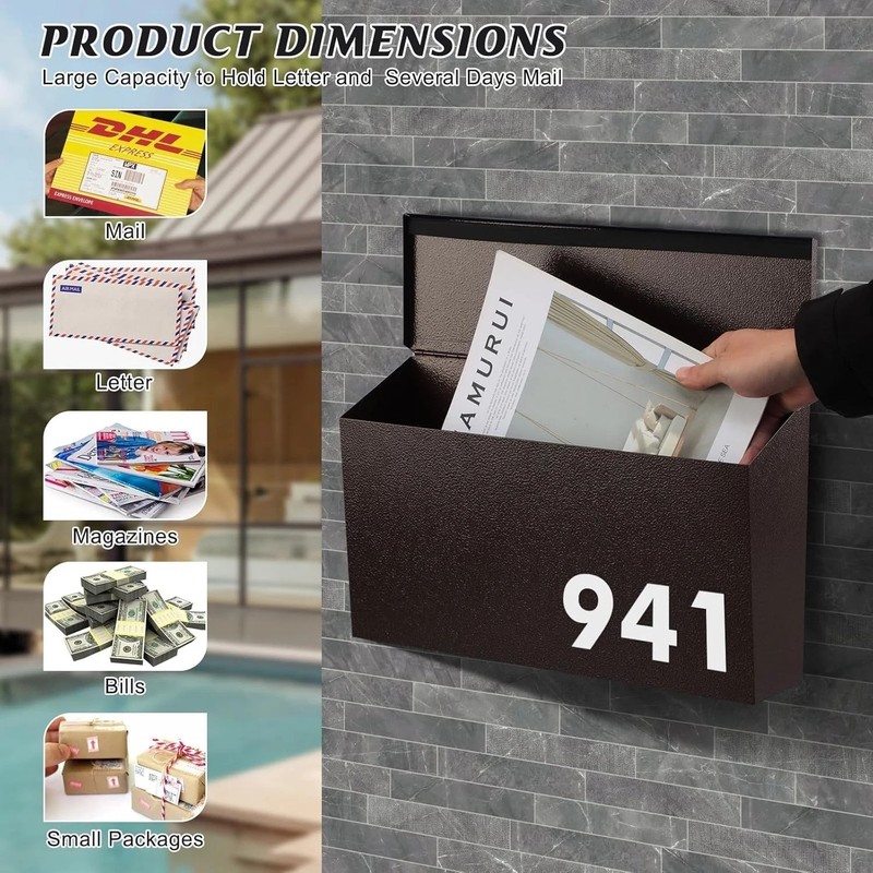 Elegant Wall-Mount Mailbox: Large Capacity Galvanized Steel in Bronze Finish gallery