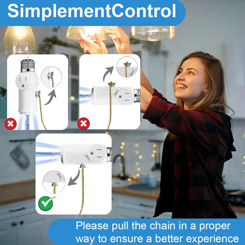 2 Pack E26 Light Bulb Socket Adapter With 2 AC Outlet Plug And Pull Chain Switch gallery