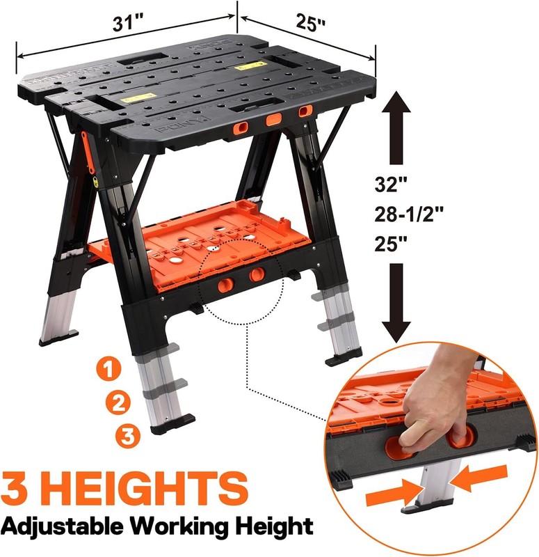 Pony Portable 2-in-1 Folding Work Table Workbench Sawhorse 1000lbs Load Capacity gallery