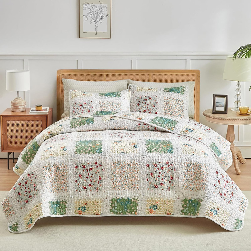 3 Pieces Quilt Set Full/Queen, Patchwork Floral Boho Design, Soft N Cozy Microfi gallery
