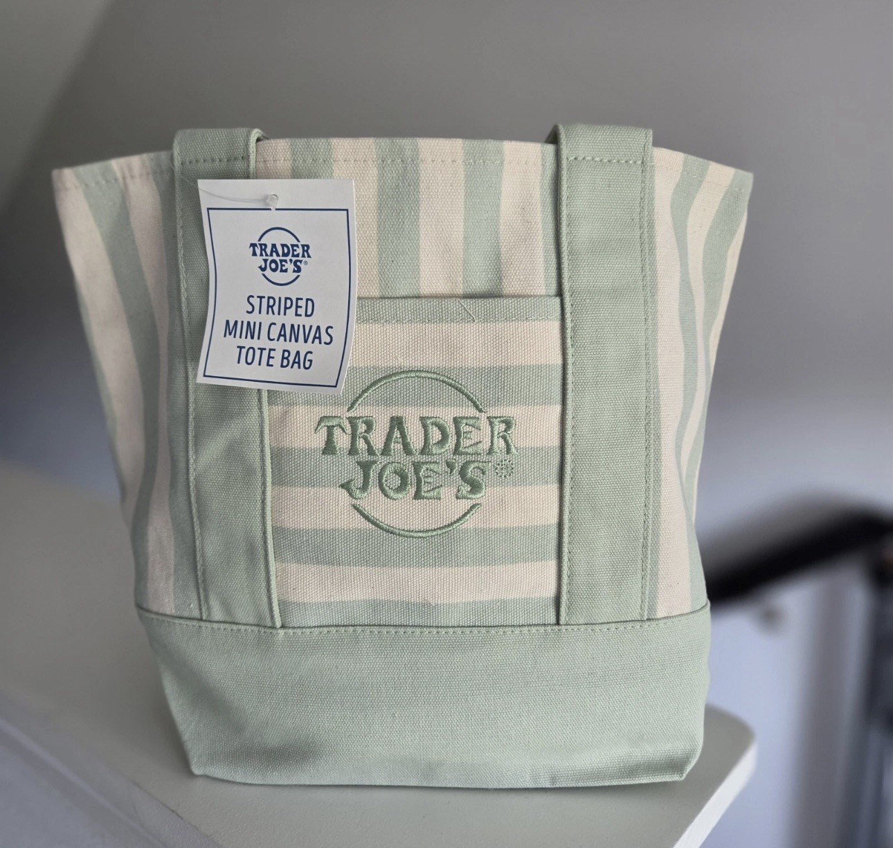 Trader Joe's Limited Mini Canvas Pastel Striped Tote Bag 2026 Green gallery