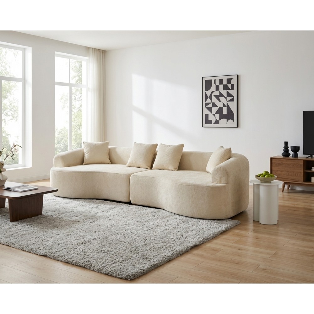 Curved Boneless Sofa,Compression Modular 108'' Sectional,White High-Density