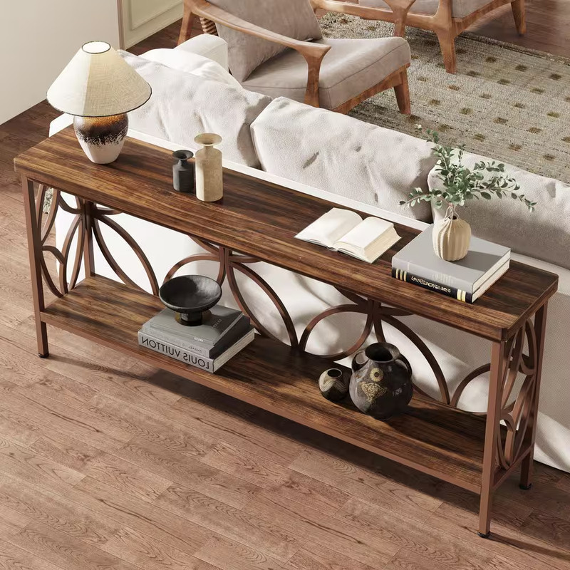 70.9 In. Walnut Cherry Brown Rectangle Engineered Wood Console Table with Storag gallery