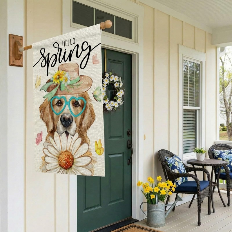 Spring House Flag Dog Daisy Double Sided 28x40 Inches Large Burlap Welcome Ho... gallery