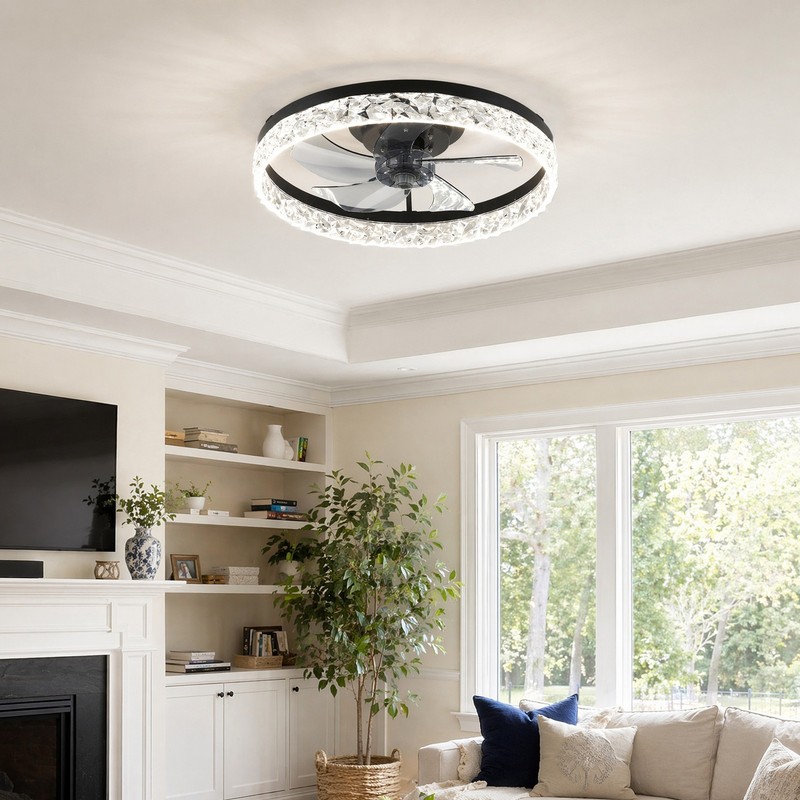 20 inch Remote APP Control Low Profile Black Ceiling Fan with Light Flush Mount gallery