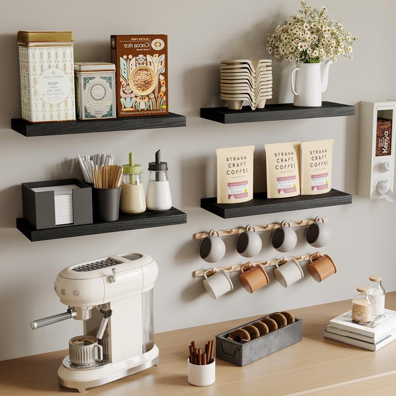 Black Wall Mounted Floating Shelves Rustic Wood Set of 4 15.8-Inch Storage gallery