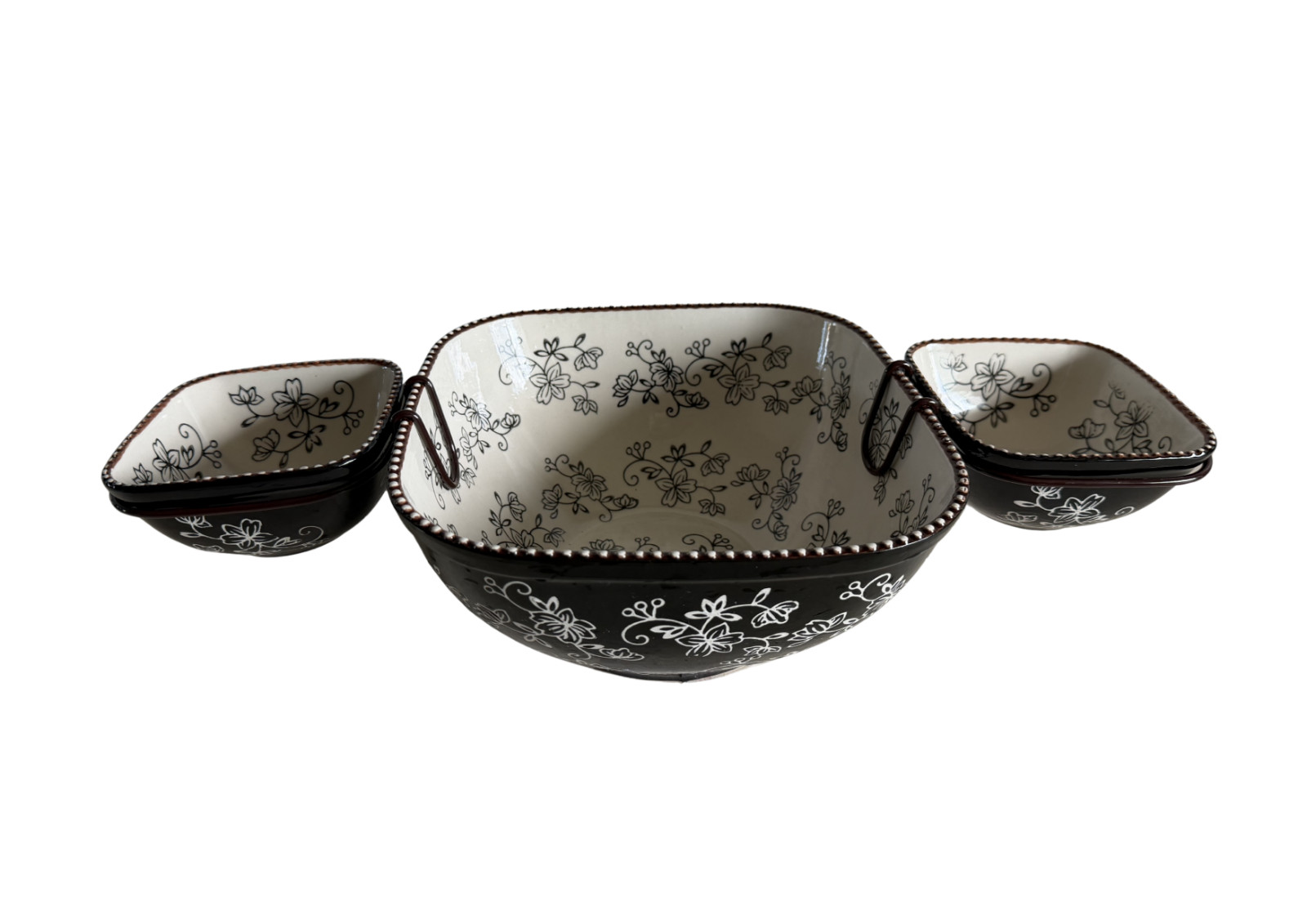 Temptations by Tara Chip Dip 3 Bowl Set Floral Lace Black Square Shape w/Lids gallery