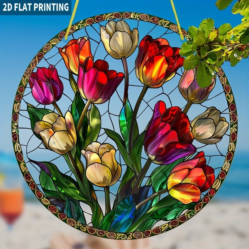 Multi Color Tulip Flower Round Acrylic Suncatcher Floral Window Hanging Decor gallery