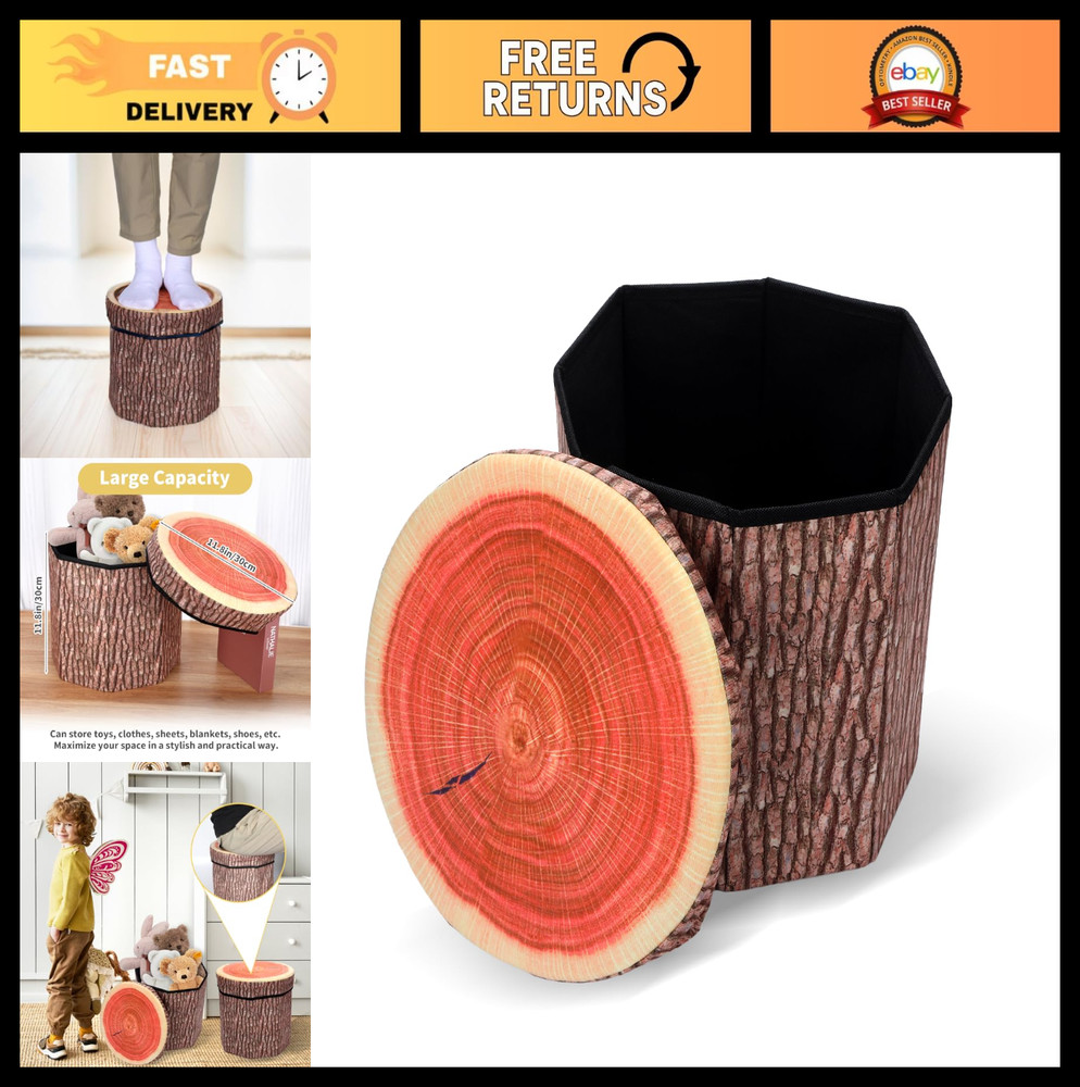 Multifunctional Round Storage Ottoman Cube, Tree Stump Stool, Foldable Toy Box,