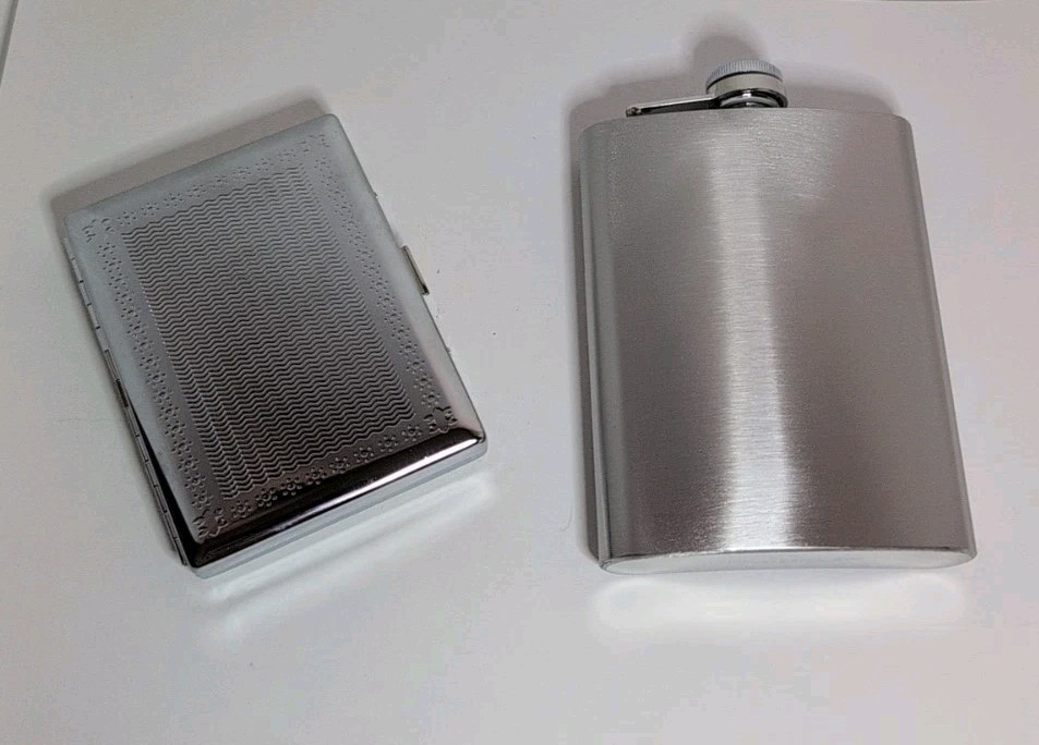 STAINLESS STEEL CIGARETTE CASE & FLASK SET - COSTUME ACCESSORY / EVERYDAY USE gallery