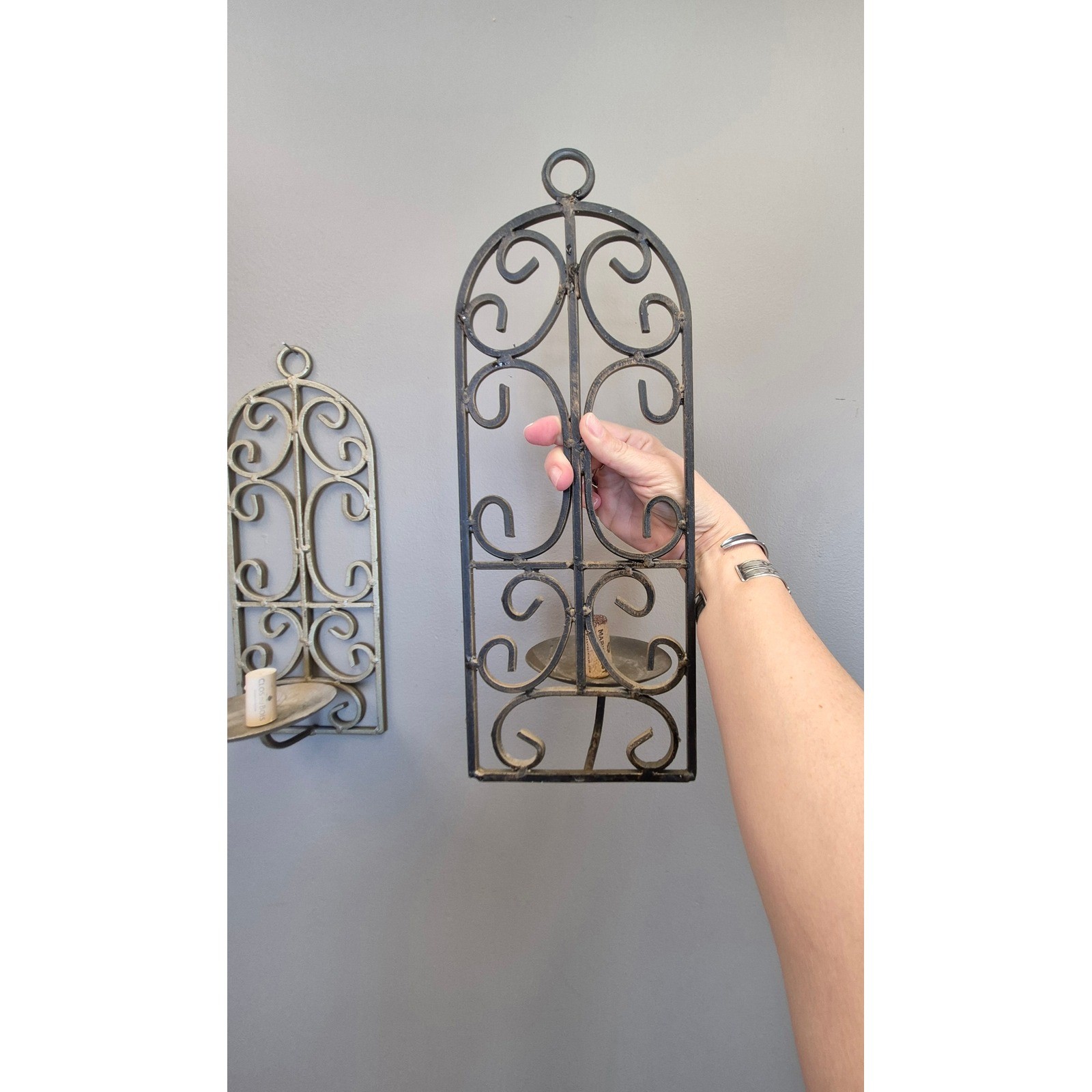 Vintage Distressed Gold Wall Candle Sconces Set 2 Scroll French Farmhouse gallery