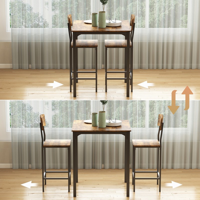 3 Piece Pub Table Set, Square Dining Table & 2 Stools, Rustic Brown/Black gallery