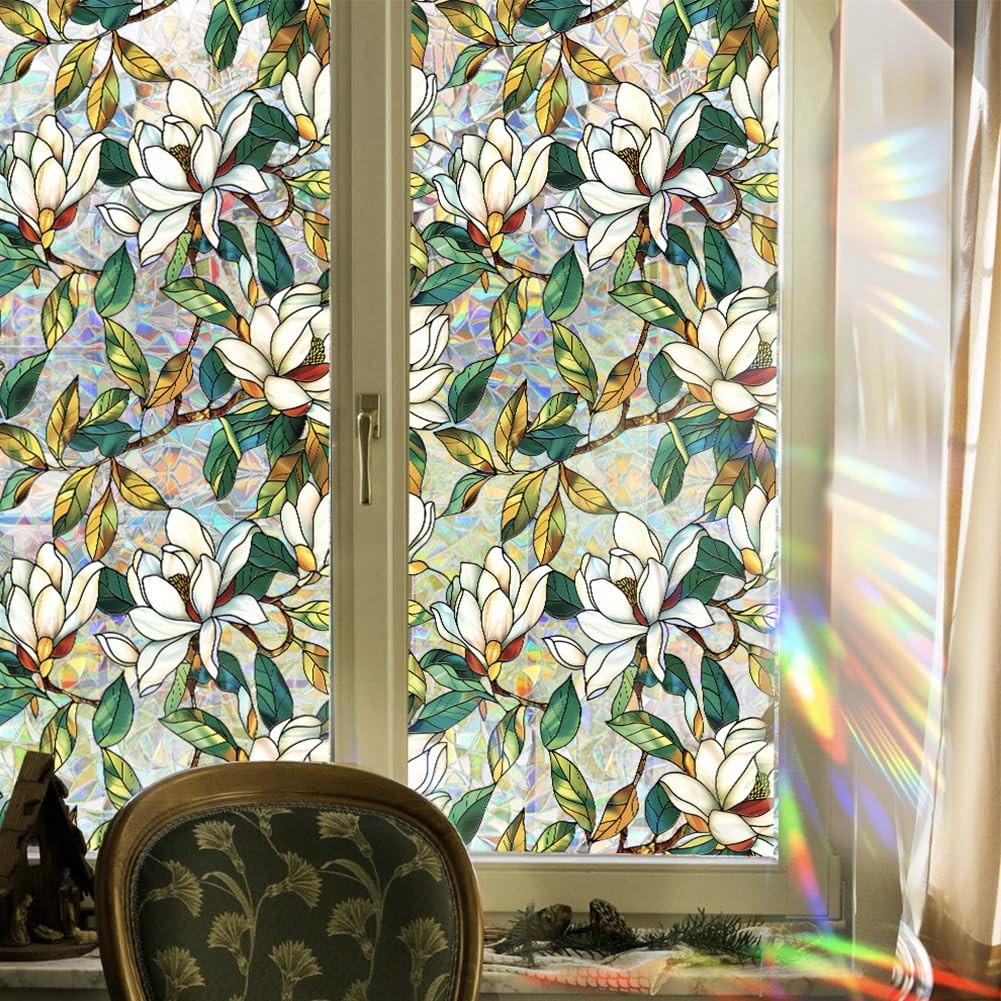 Stained Glass Window Privacy Film – Floral Static Cling Decor, 16.93x39.37" gallery